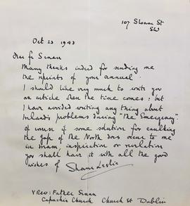 Letter from Sir Shane Leslie
