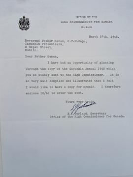 Letter from Edward Joseph Garland, Secretary, High Commissioner for Canada in Ireland