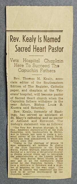 Rev. Thomas Kealy is Named Sacred Heart Pastor / Vets Hospital Chaplain Here to Succeed the Capuchin Fathers