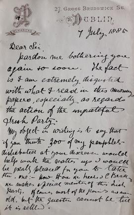 Copy letter from James Pearse to Charles Bradlaugh