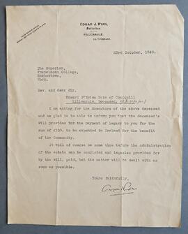 Letter regarding Testamentary Bequest from the Estate of Edward O’Brien