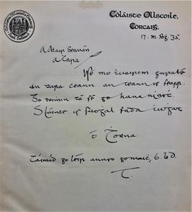 Letter from Tadhg Ó Donnchadha (‘Torna’)