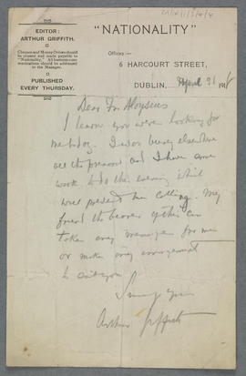 Letter from Arthur Griffith to Fr. Aloysius Travers OFM Cap.
