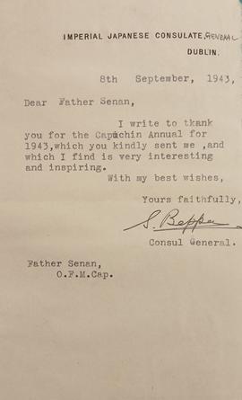 Letter from Setsuya Beppu, Japanese Consul in Ireland