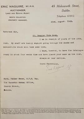 Letter from Eric Maguire regarding a catalogue of Douglas Hyde’s library