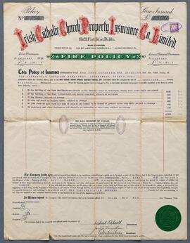 Fire Insurance Policy: Irish Catholic Church Property Insurance Co., Limited to the Capuchin Franciscan Monastery Farm, Rochestown