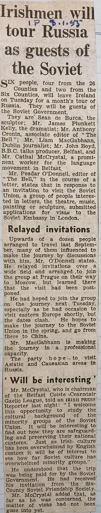 Irishmen to visit Russia as guests of the Soviet