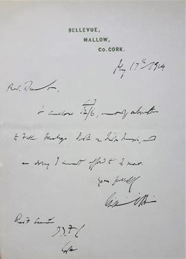 Letter from William O'Brien to Fr. Senan Moynihan OFM Cap.