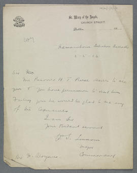 Copy note from Major William Sherlock Lennon to Fr. Aloysius Travers OFM Cap.