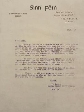 Circular letter re flag day to raise funds to alleviate distress in Germany and Austria