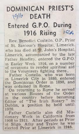 Death of Fr. Benedict Costello / ‘Entered GPO during the Rising’