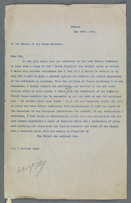 Copy letter from Fr. Aloysius Travers OFM Cap. to the editor of the 'Irish Catholic'