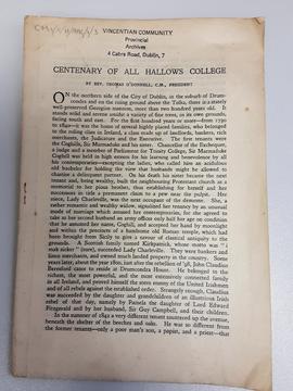 Article from Studies: 'Centenary of All Hallows', Thomas O'Donnell CM.