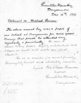 Brother Claver Brennan, Presentation Monastery, testimony