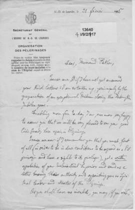 Garda Siochana:  Pilgrimages.  Lourdes  1935  Letter from Lourdes Authorities.