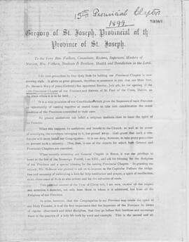 Anglo-Hibernian (St. Joseph's Province) 15th (1899) Provincial Chapter  Convocatory  LETTER