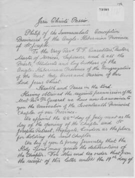 Anglo-Hibernian (St. Joseph's) Province 17th (1905) Provincial Chapter  Convocatory Letter