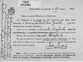 Garda Siochana: Pilgrimages.   Lourdes   1935.   Booking Card Lourdes Authorities