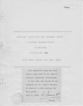 Anglo-Hibernian (St. Joseph's Province) 13th (1893) Provincial Chapter  Convocatory Letter