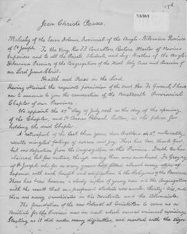 Anglo-Hibernian (St. Joseph's) Province 19th (1911) Provincial Chapter  Convocatory Letter