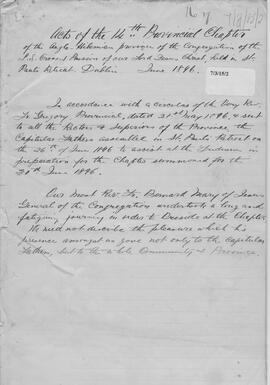 Anglo-Hibernian (St. Joseph's) Province 14th (1896) Provincial Chapter  Acta  Official Record of pro