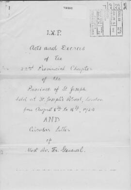 Anglo-Hibernian (St. Joseph's) Province 22nd (1920) Provincial Chapter  Acta  Official Record of pro
