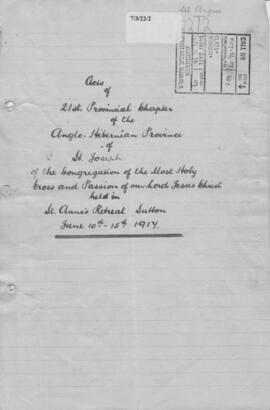 Anglo-Hibernian (St. Joseph's) Province 21st (1917) Provincial Chapter  Acta  Official Record of pro